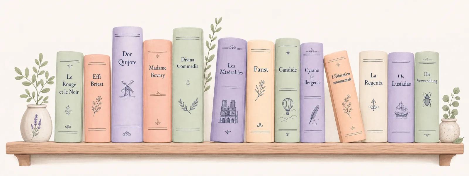 Pastel illustration of classic books across several languages