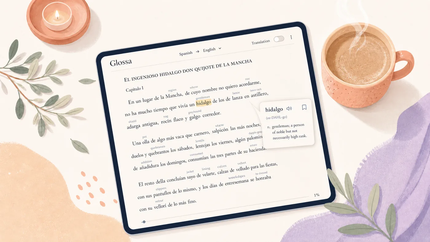Tablet showing Glossa with a book in Spanish, beside a coffee cup