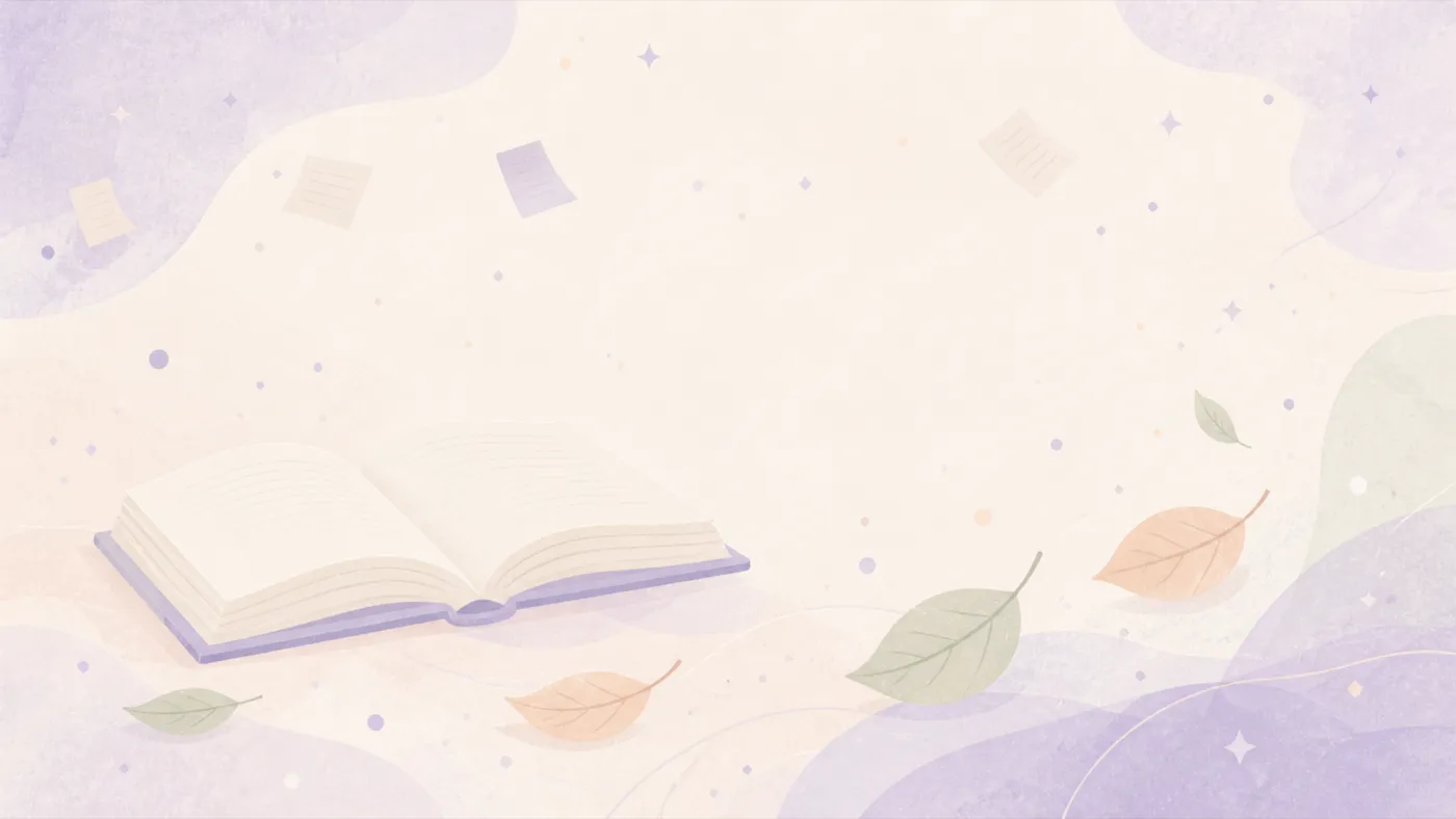 Atmospheric pastel illustration of an open book and drifting leaves