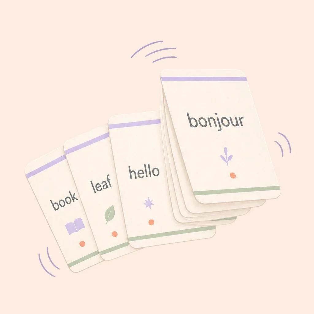 Pastel illustration of a fanned stack of vocabulary flashcards with mastery dots